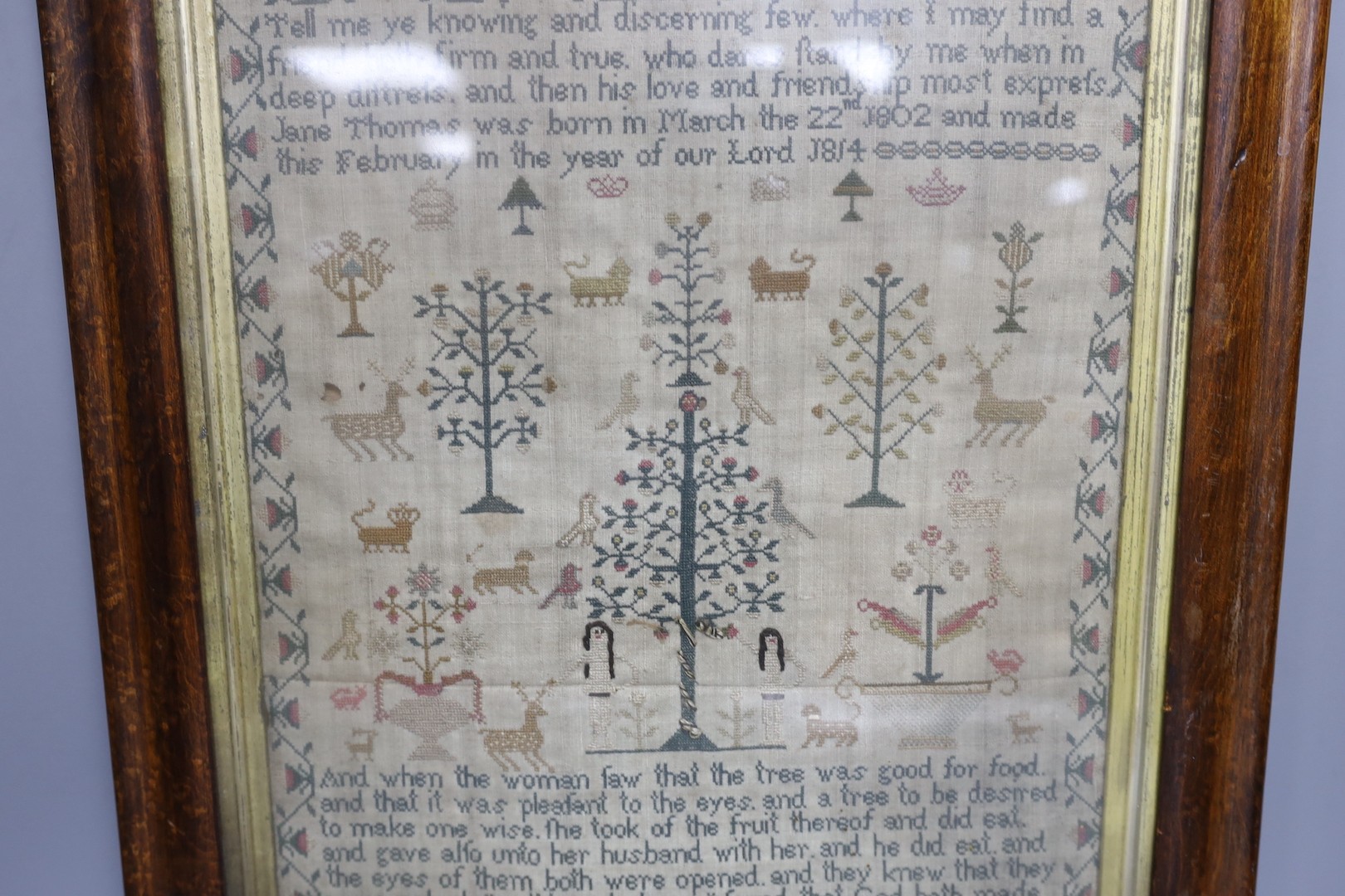 A George III Adam and Eve cross stitch sampler, worked by Jane Thomas 1814, 37x28cm